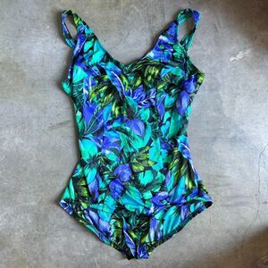 Jantzen Vintage One Piece Swimsuit Teal Floral Tropical USA
